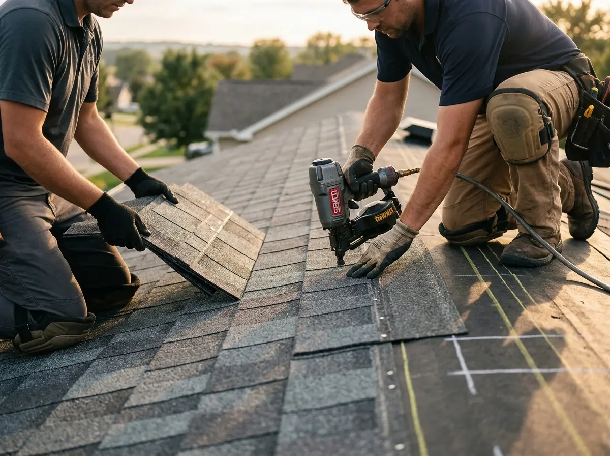 Professional roofer working on a residential roof in Ithaca